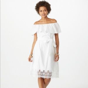 RUFFLED EYELET CROCHET OFF-THE-SHOULDER DRESS